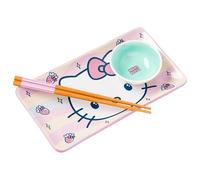 Silver Buffalo Sanrio Hello Kitty Strawberries and Bows Kawaii Ceramic Sushi Set with Dipping Sauce Dish and Matching Chopsticks