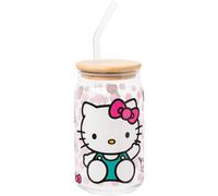 Silver Buffalo Sanrio Hello Kitty Strawberry Milk Bow Pink Polka Dot Glass Jar Tumbler with Bamboo Lid and Glass Straw, 16 Ounces