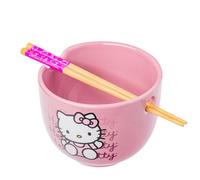 Silver Buffalo Sanrio Hello Kitty Waving Pink Ceramic Ramen Noodle Rice Bowl with Chopsticks, Microwave Safe, 20 Ounces,