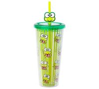 Silver Buffalo Sanrio Keroppi Stripe Pattern Plastic Cold Cup w/Lid and Topper Straw, 24 Ounces
