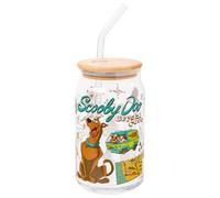 Silver Buffalo Scooby Doo Crystal Cove Mystery Machine Featuring Shaggy, Fred, Daphne, and Velma Glass Jar Tumbler with Bamboo Lid and Glass Straw, 16 Ounces