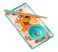 Silver Buffalo Scooby Doo Feed Me Retro Groovy Flowers Ceramic Sushi Set with Dipping Sauce Dish and Matching Chopsticks