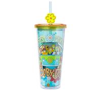 Silver Buffalo Scooby Doo Group Mystery Machine Flowers 24oz Plastic Cold Cup w/Lid and Topper Straw