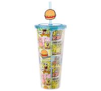 Silver Buffalo Spongebob Squarepants Comic Panel Happy and Love Featuring Patrick Star and Gary The Snail Plastic Cold Cup with Lid and Straw Topper, 24 Ounces