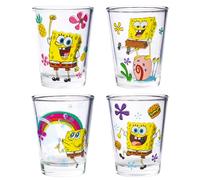 Silver Buffalo SpongeBob SquarePants Poses Floral Krabby Patty 4-Pack Mini Glass Set, 1.5 Ounces