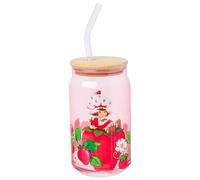 Silver Buffalo Strawberry Shortcake Giant Strawberry Pink Glass Jar Tumbler with Bamboo Lid and Glass Straw, 16 Ounces