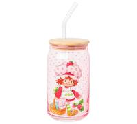 Silver Buffalo Strawberry Shortcake Pink Glass Tumbler with Bamboo Lid and Glass Straw Featuring Strawberry Shortcake and Custard, 16 Ounces
