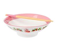 Silver Buffalo Strawberry Shortcake Vines and Pink Polka-Dot Vintage Ceramic Ramen Noodle Rice Bowl with Chopsticks, Microwave Safe, 30 Ounces