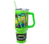 Silver Buffalo Teenage Mutant Ninja Turtles Turtle Power Stainless Steel Tumbler with Handle Featuring Leonardo, Donatello, Raphael, and Michelangelo, Fits in Standard Cup Holder, 40 Ounces