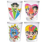 Silver Buffalo The Powerpuff Girls Featuring Blossom, Bubbles, and Buttercup 4 Pack Mini Glass Set, 1.5 Ounces