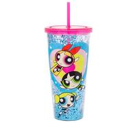 Silver Buffalo The Powerpuff Girls Featuring Blossom, Bubbles, and Buttercup Plastic Confetti Cold Cup with Lid and Straw, 32 Ounces
