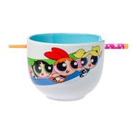 Silver Buffalo The Powerpuff Girls Rainbow Girl Power Featuring Blossom, Bubbles, and Buttercup Ceramic Ramen Noodle Rice Bowl with Chopsticks, Microwave Safe, 20 Ounces