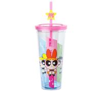 Silver Buffalo The Powerpuff Girls Team PPG Townsville Featuring Buttercup, Bubbles, and Blossom Plastic Cold Cup with Lid and Straw Topper, 24 Ounces