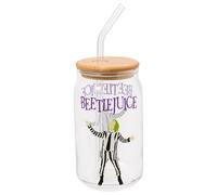 Silver Buffalo Tim Burton Beetlejuice Glass Jar Tumbler with Bamboo Lid and Glass Straw, 16 Ounces