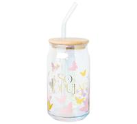 Silver Buffalo Wicked Glinda So Popular Butterflies Foil and Iridescent 16oz Glass Tumbler w Bamboo Lid and Glass Straw