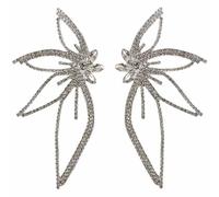 Silver Butterfly Stud Shiny Crystal Wing Earrings Large Butterfly Stud Shiny Leaf-shaped Flower Stud Boho Chic Retro Crystal Personality Earrings, Metal, Cubic Zirconia