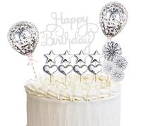 Silver Cake Decoration - 17 Pcs Cupcake Topper with Stars, Paper Fans, Confetti, Balloons for Party Decor