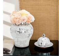 Silver Ceramic Ginger Jar with Lid - Versatile Decorative Flower Vase & Storage for Home Decor Weddings & Events - Elegant Temple Jar (Small)