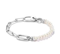 Silver Charm Bracelet with Paperclip Chain & Freshwater Pearls - Recycled 925 Sterling Silver with Connect Link, 17.00 cm, Recycled 925 silver, cultured freshwater pearl