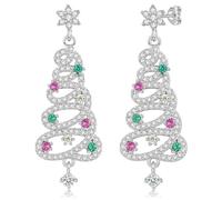 Silver Christmas Tree Stud Earrings for Women Girls,White Gold Plated Cubic Zirconia Christmas Earrings Jewellery Gifts for Christma Xmas Party Winter Holiday, with Gift Box