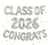 Silver Class of 2026 Congrats Balloons, 2026 Graduation Decorations 16inch Congrats Grad Foil Balloons Banner Sign for Class of 2026 College High School Graduation Prom Party Backdrop Supplies