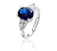 Silver & Co Claw Ring with 3 Stones Blue Cubic Zirconia Oval & - Size M - Sterling Silver / Rhodium Plated
