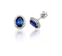 Silver & Co Claw Set Halo Blue Cubic Zirconia Earrings with Oval - Sterling Silver / Rhodium Plated