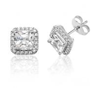 Silver & Co Claw Set Square Cubic Zirconia Stud Earrings - Halo - Sterling Silver / Rhodium Plated