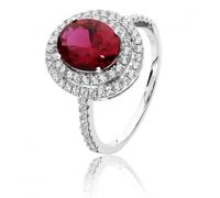 Silver & Co Cubic Zirconia Double Halo Red White Oval Ring - Size O - Sterling Silver / Rhodium Plated