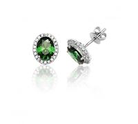 Silver & Co Halo 925 Silver Earrings with Green CZ Stones - Sterling Silver / Rhodium Plated