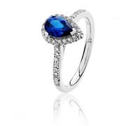 Silver & Co Halo Blue Cubic Zirconia Ring with Pear Shape - - Size P - Sterling Silver / Rhodium Plated