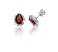 Silver & Co Halo Red CZ Stud Earrings - Oval Style - SEG0025RU - - Sterling Silver / Rhodium Plated
