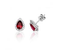 Silver & Co Halo Red CZ Stud Earrings with Claw Setting - Pear - Sterling Silver / Rhodium Plated