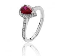 Silver & Co Halo Style Red Cubic Zirconia Ring with Small Pear - Size J - Sterling Silver / Rhodium Plated