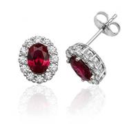 Silver & Co Red White Oval Cluster Cubic Zirconia Stud Earrings - Sterling Silver / Rhodium Plated