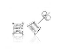 Silver & Co Single Stone Princess Cut Silver Earrings with Claw - Sterling Silver / Rhodium Plated / Zirconia