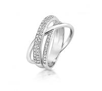 Silver & Co Triple Cross Over Cubic Zirconia Band Set with Plain - Size R - Sterling Silver / Rhodium Plated