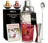 Silver Cocktail Shaker Glass Set - Glass Cocktail Shaker Set with Strainer - 5 Pieces - 450ml - Matching Measuring Jigger and Bar Spoon with Muddler - Martini Drink Shaker - Luxury Gift Box