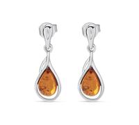 Silver Cognac Amber Teardrop Earrings - 25mm - F1211