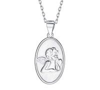 Silver Coin Guardian Angel Raphael Pendant Necklaces, 925 Sterling Silver Oval Dainty Figure Engraved Handmade Medal Lucky Necklaces Jewelry for Women Men