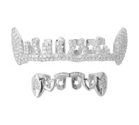 Silver Copper Full Tooth Grill Caps Hip Hop Rapper Bottom and Top Teeth | Sparkling Bling Design with Irregular Hollow Pattern, Comfortable Fit, for Cosplay and Photo Shoots