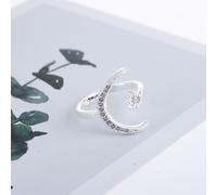 (silver) Crescent Moon Star Zircon Open Rings Engagement Wedding Rings For Bride Princess Birthstone