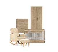 Silver Cross - Geneva 4-piece set - Cot Bed, Dresser With Intergrated Changing Top, Full Size Kids Wardrobe & Carmel Nursing Chair - Nursery Furniture - Natural Oak Finish