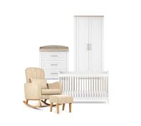 Silver Cross - Valencia 4-piece set - Cot Bed & Dresser With Intergrated Changing Top, Full Size Kids Wardrobe & Carmel Nursing Chair - Nursery Furniture - Timeless White With Natural Oak Accents