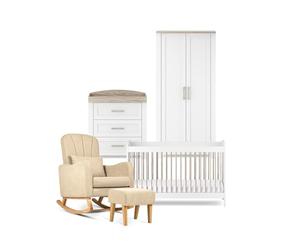 Silver Cross - Valencia 4-piece set - Cot Bed & Dresser With Intergrated Changing Top, Full Size Kids Wardrobe & Carmel Nursing Chair - Nursery Furniture - Timeless White With Natural Oak Accents