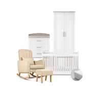 Silver Cross - Valencia 5-piece set - Cot Bed with True Fit Eco Fibre Mattress, Dresser With Intergrated Changing Top, Full Size Kids Wardrobe & Carmel Nursing Chair - White With Natural Oak Accents