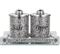 Silver Crushed Crystal Salt and Pepper Set with Tray - 18cm