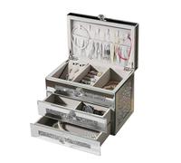 Silver Crushed Diamante Mirrored Glass Jewellery Box, Makeup Organiser Storage Cosmetic Storage Box, Mirrored Jewelry Box 3-Layer 2 Drawers Jewelry Holder Organizer Box for Rings Necklaces Bracelets