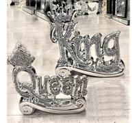 Silver Crushed Diamond Crown King & Queen Ornament Set - Sparkly Shelf Sitter Bling