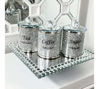 Silver Crushed Diamond Crystal-Filled Glass Canister Set for Tea, Coffee & Sugar (3-Pack)